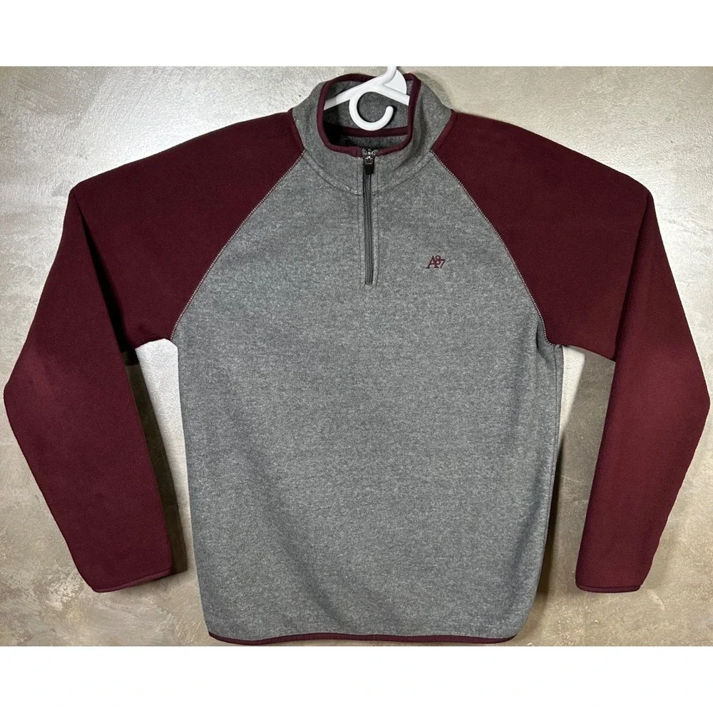 Aeropostale Men's Pullover Quarter Zip Fleece Sweater‎ Gray Maroon Medium